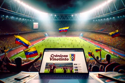 Una laptop con la página de Crónicas Vinotinto en el estadio celebrando la clasificación de Venezuela al Mundial.